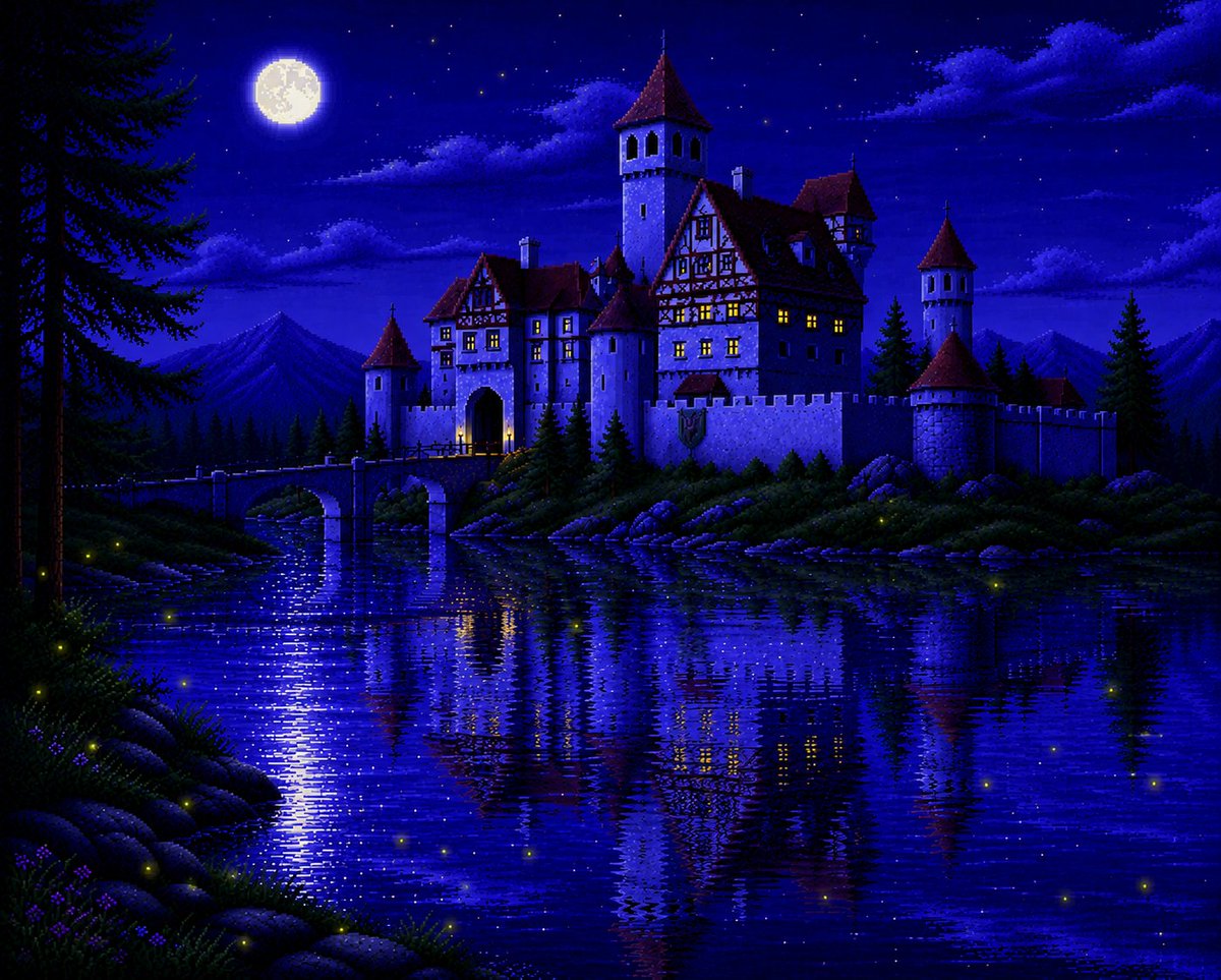 Sierra-Style Castle Pixel Art — Moonlit Lake Scene