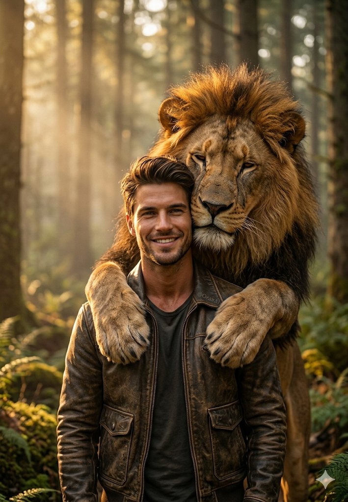 Man & Lion Forest Portrait — Cinematic 8K AI Prompt