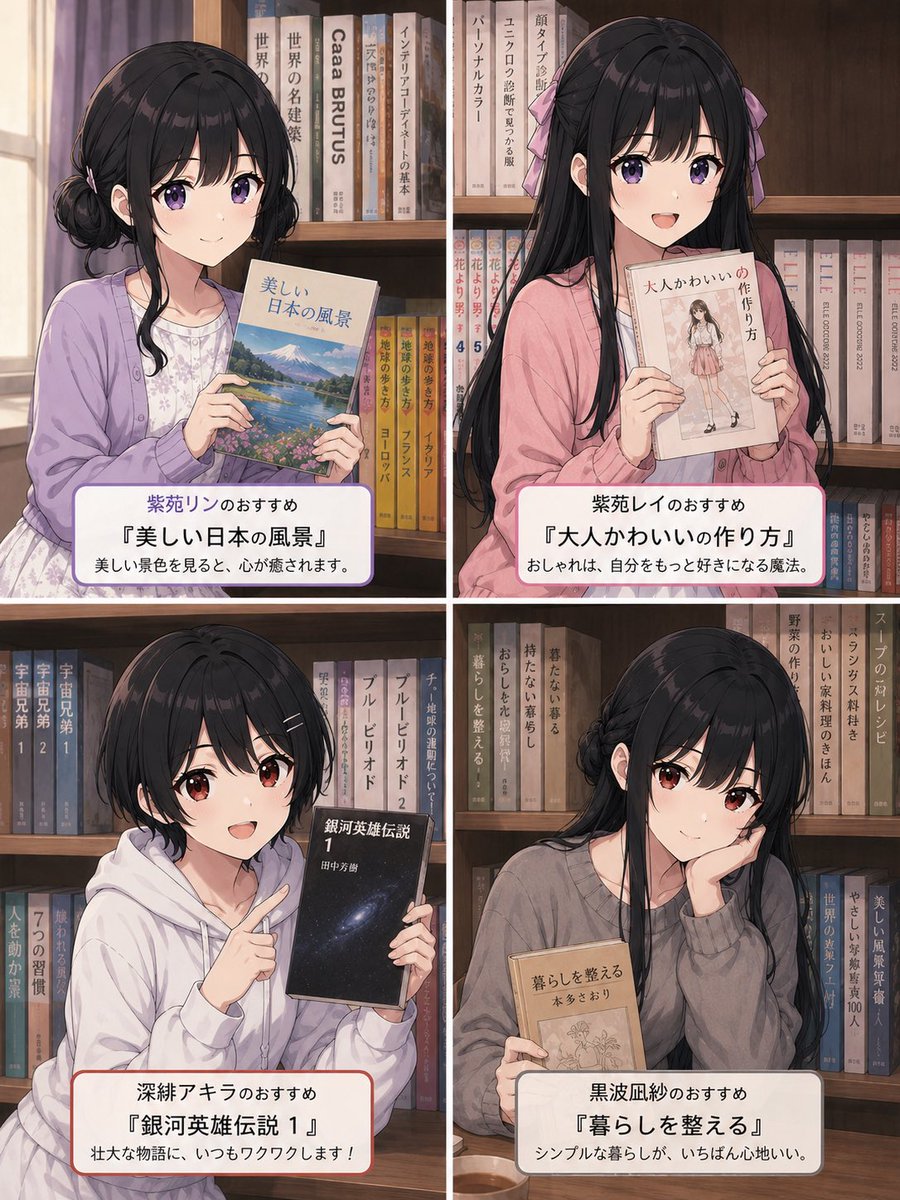Anime Bookstore Collage — 4-Panel Book Recommendation Prompt