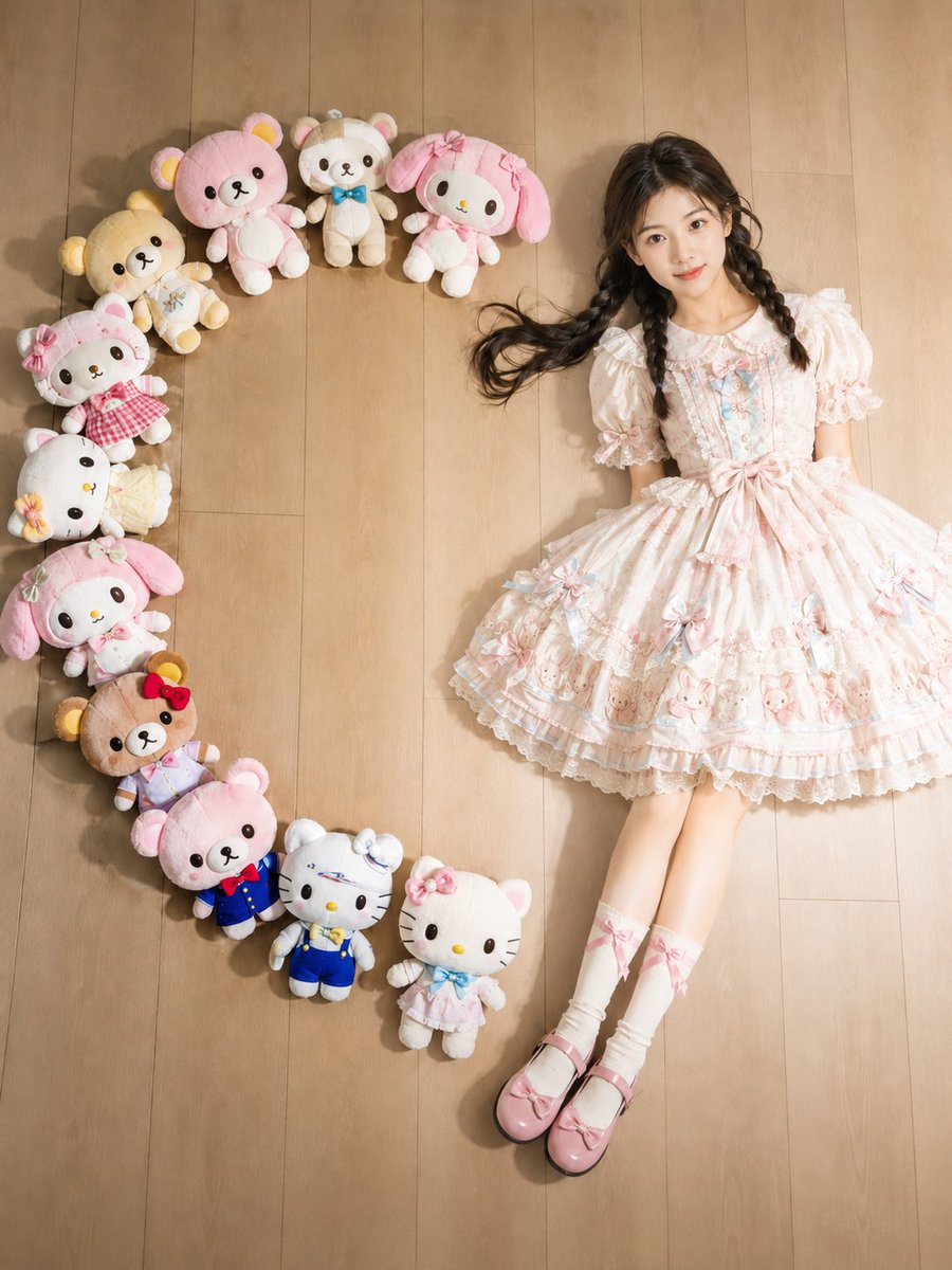 Dreamy Lolita Portrait with Plush Toys — Overhead Shot Prompt