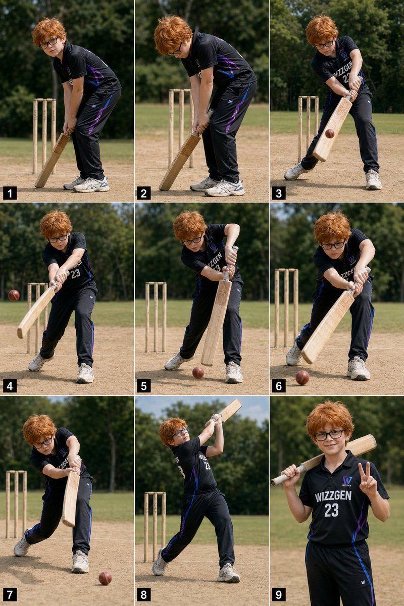 Cricket-Boy-Aktions-Montage — 9-Raster-Sport-Prompt für Sora