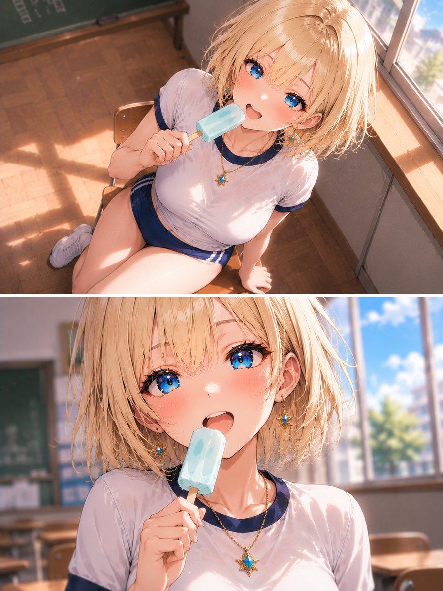 Golden-Haired Schoolgirl Popsicle Diptych — Anime Classroom Art
