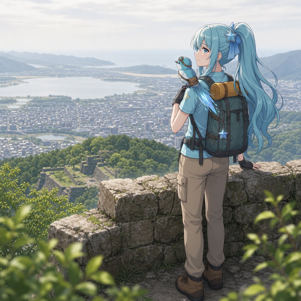 Anime Hiker at Castle Ruins — Scenic Overlook Prompt