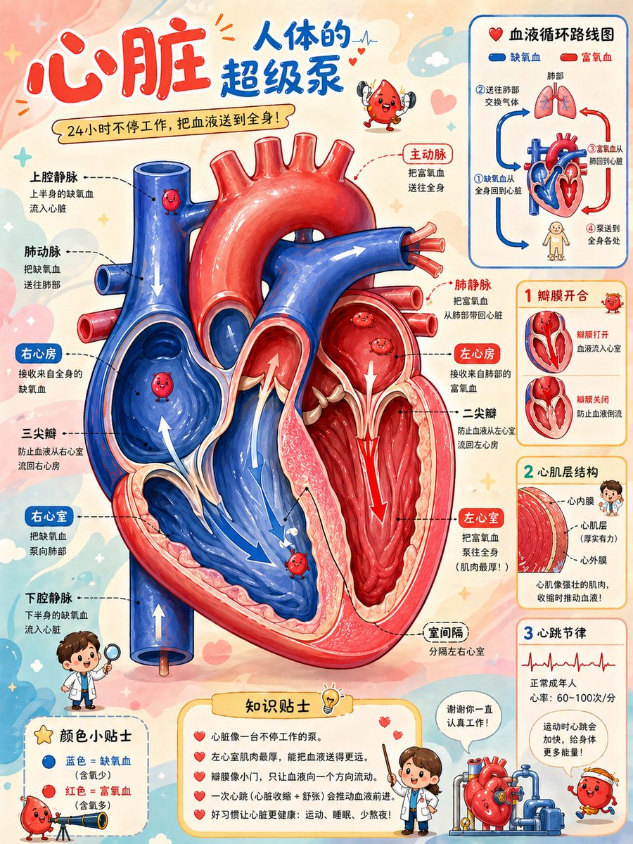 Cute Heart Anatomy Poster — Children's Science Infographic Prompt