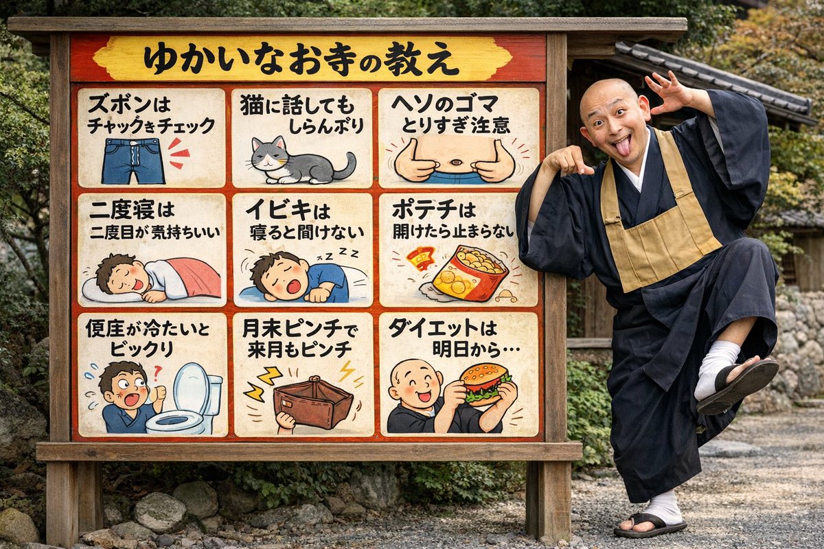 Goofy Monk & Humorous Temple Signboard — AI Photo Prompt