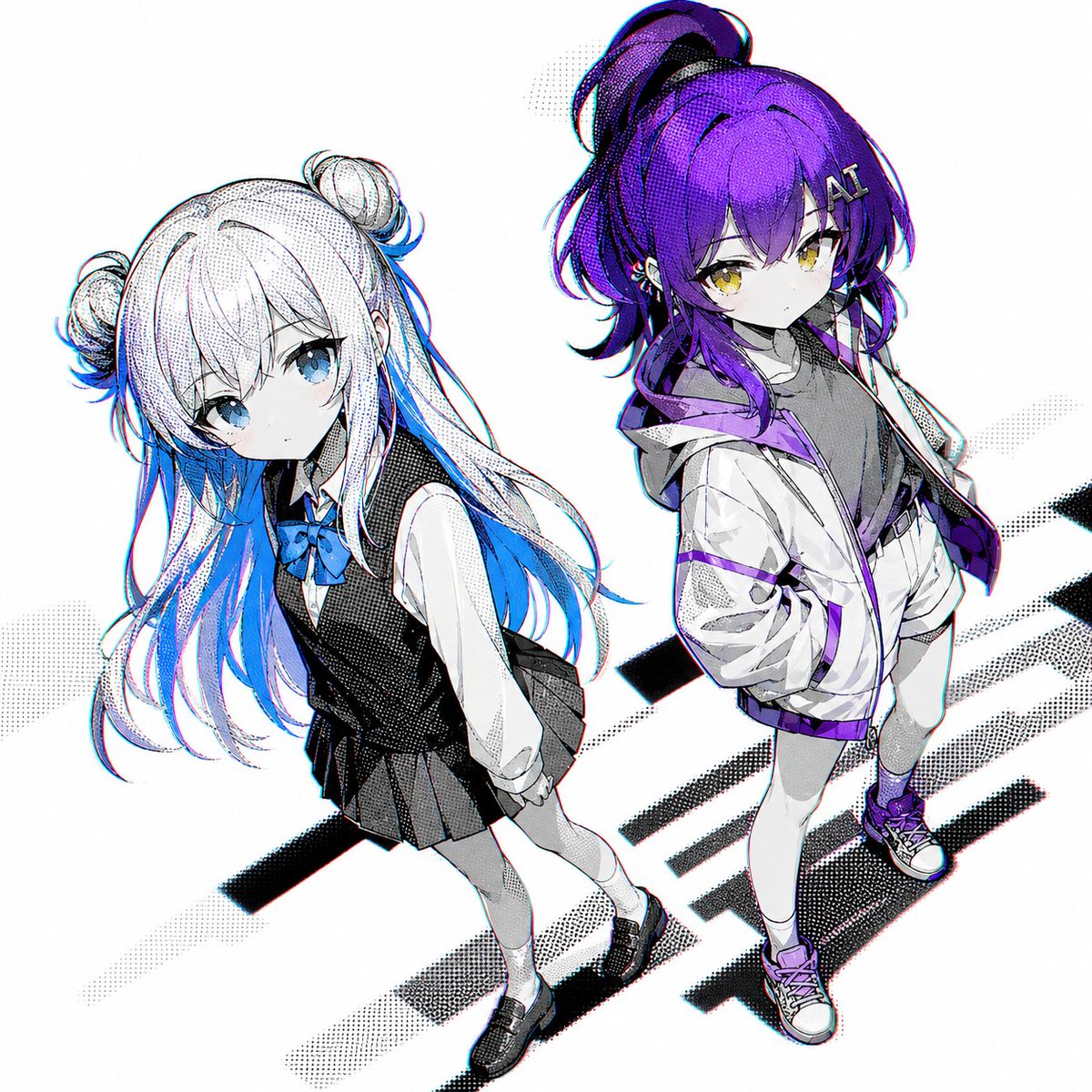 Doppel-Anime-Girls – Grafischer Halftone-Stil-Prompt
