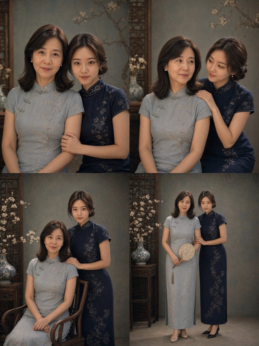 Vintage Qipao Mother-Daughter Portrait — 2×2 Grid Prompt