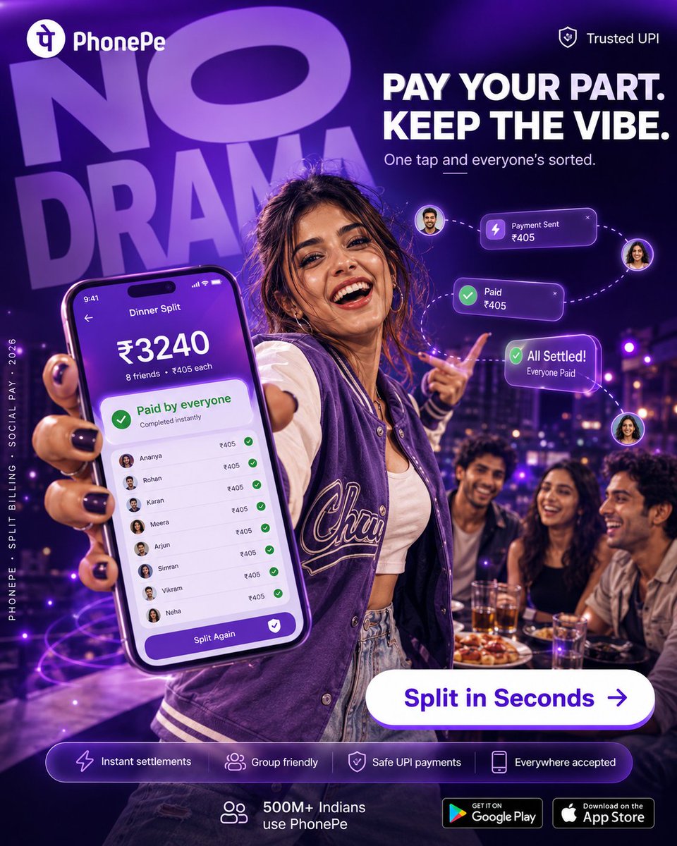 PhonePe UPI Split Bill Party Ad — Neon Purple Style