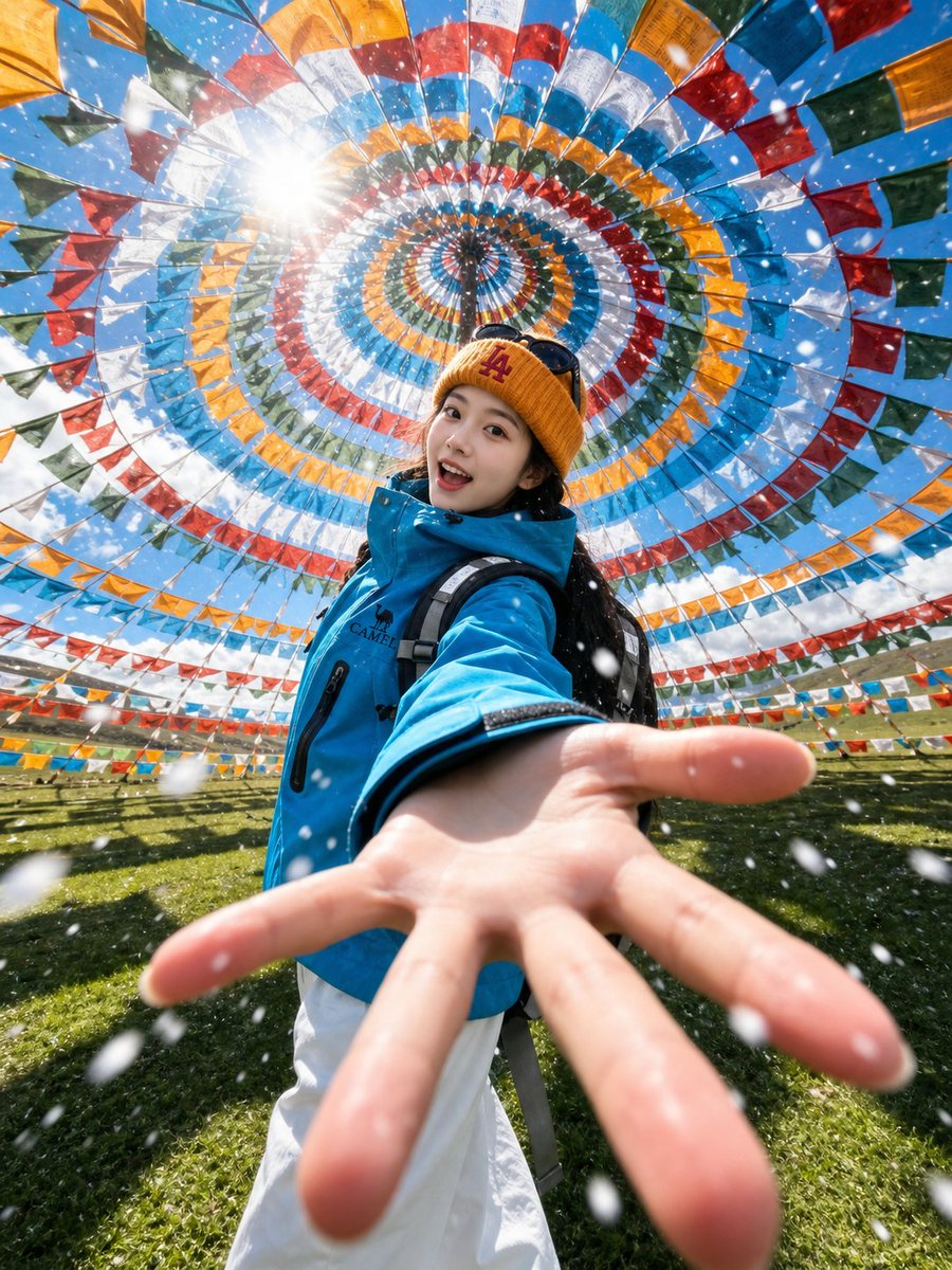 Tibetan Prayer Flag Skyline Selfie — Sora 2 Prompt