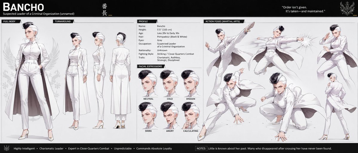 Anime Character Sheet — Female Crime Boss OC Prompt