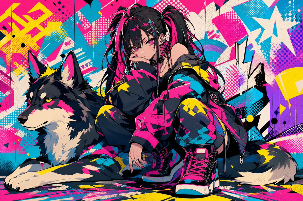 Cyberpunk Punk Girl & Husky Wolf — Anime Street Art Prompt