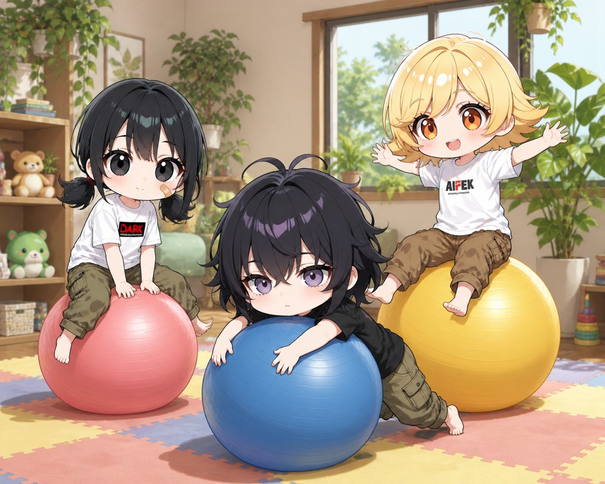 Chibi Kids on Yoga Balls — Cozy Indoor Playroom Prompt