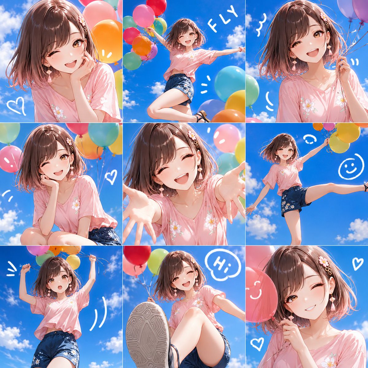 Summer Anime Balloon Collage — 3x3 Photo Grid Prompt