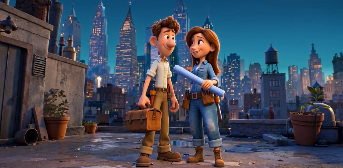 Pixar Rooftop Renovation Duo — Cinematic 3D Animation Prompt