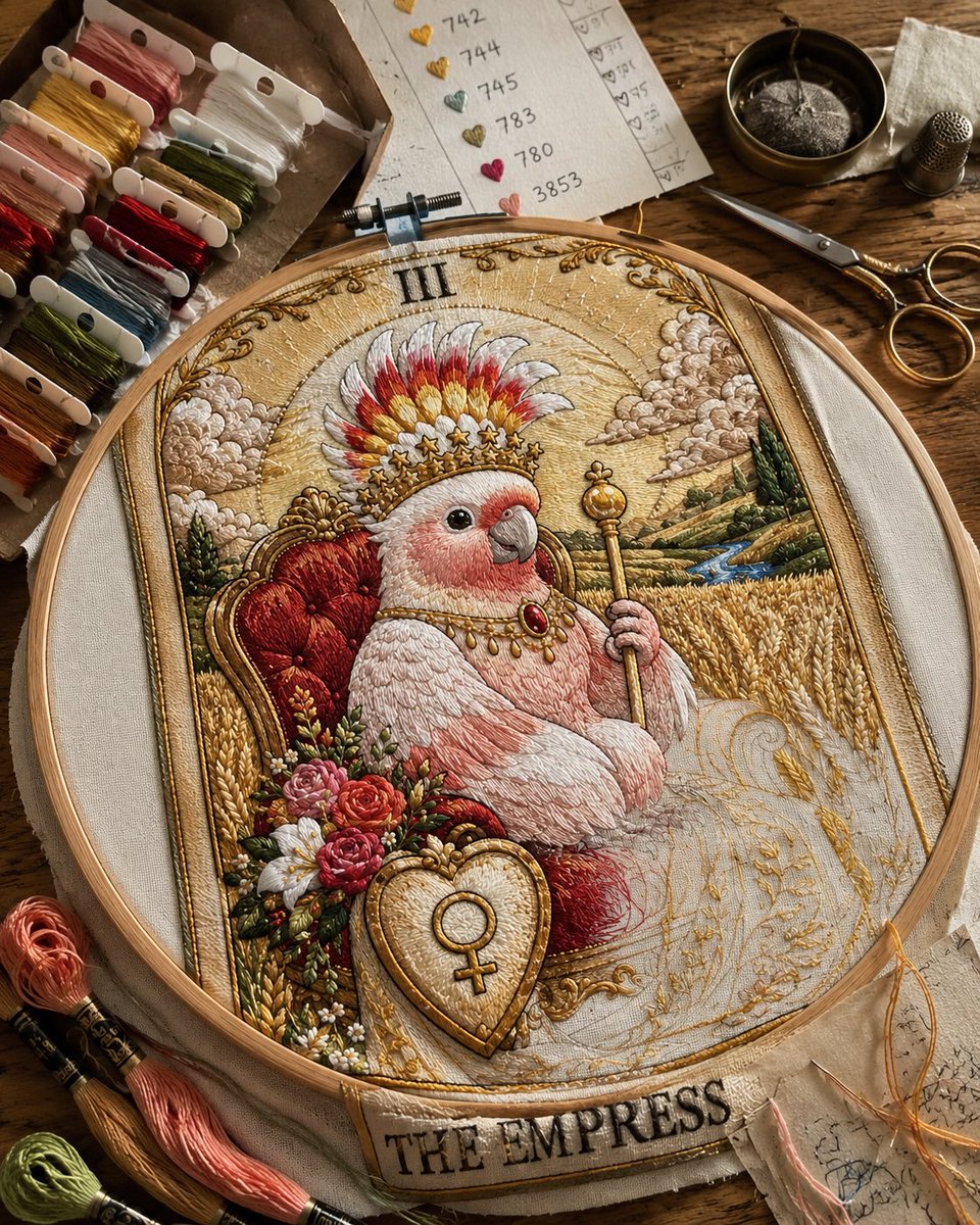 Royal Cockatoo Tarot Embroidery — Sora 2 Prompt