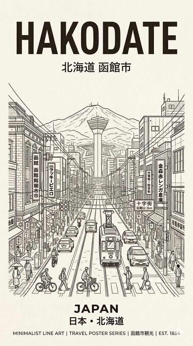 Hakodate Minimalist Line Art — Retro Travel Poster Prompt