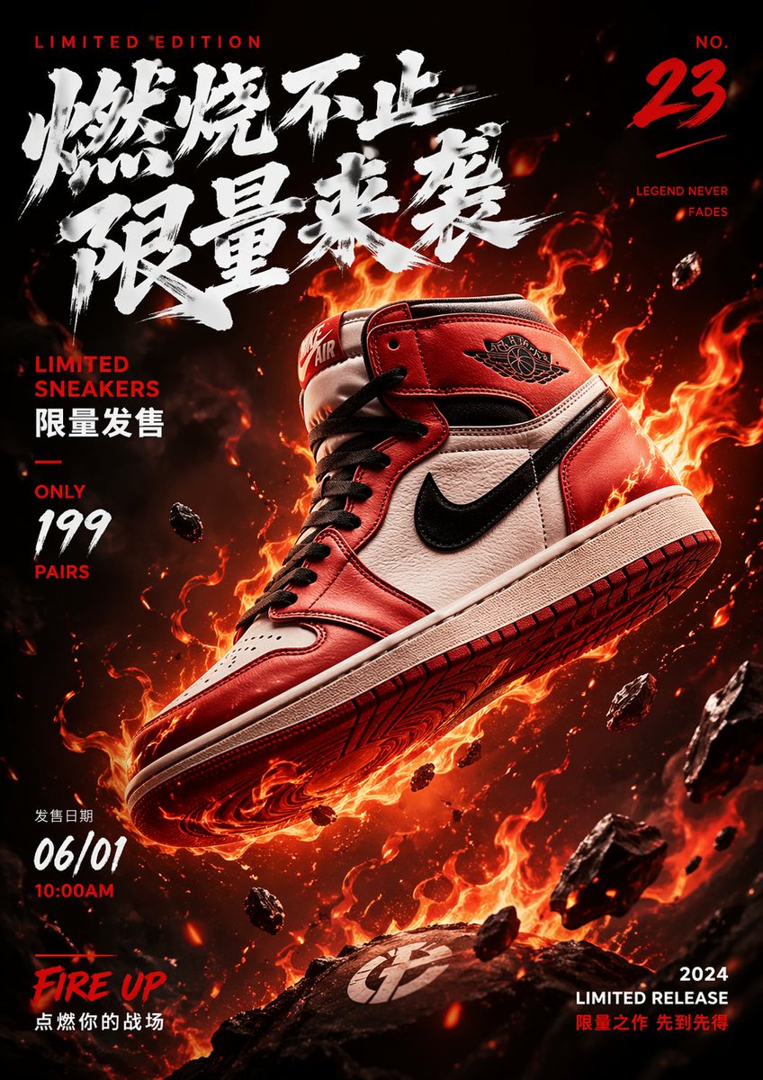 Floating Sneaker Fire Poster — Sora 2 Prompt