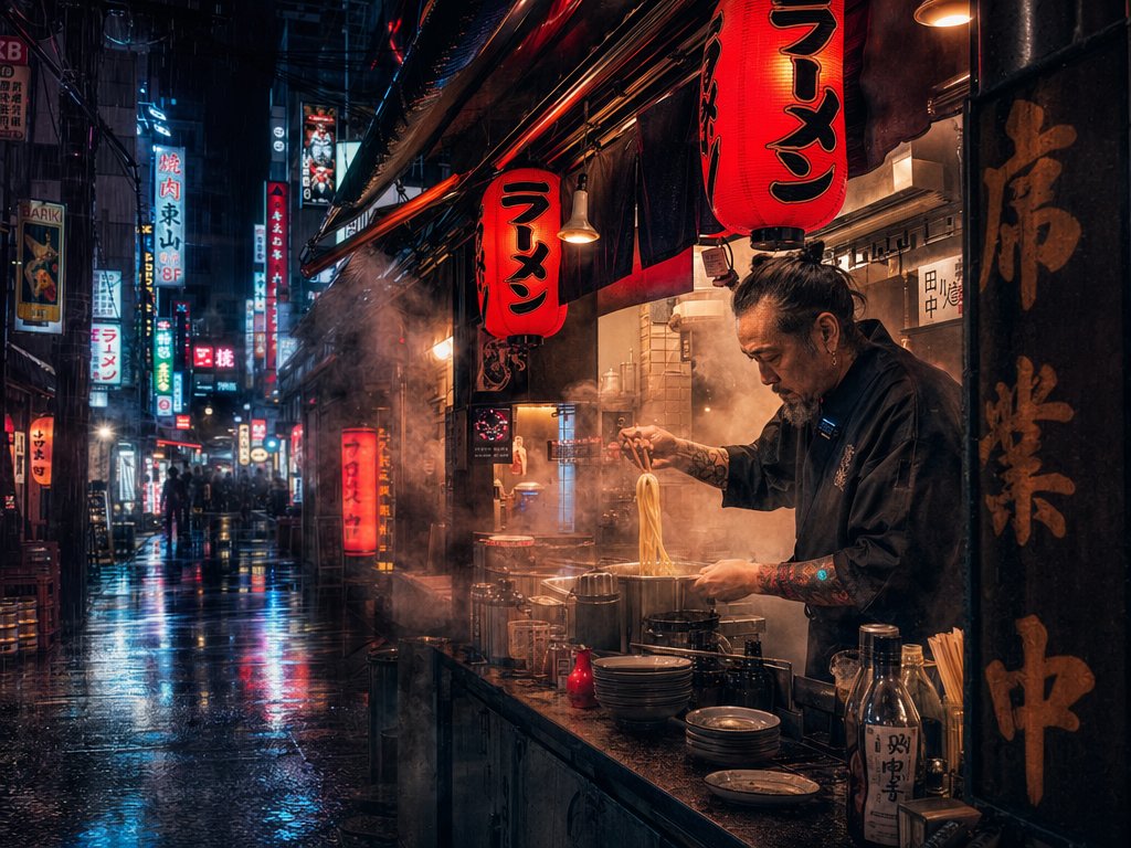 Rainy Cyberpunk Ramen Alley — Cinematic Sora 2 Prompt