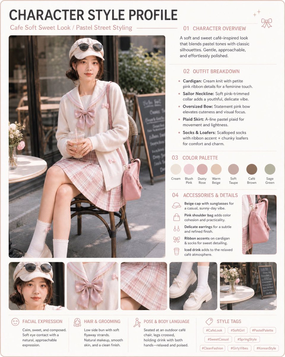 Pastel Cafe Outfit Style Profile Card — Sora 2 Prompt