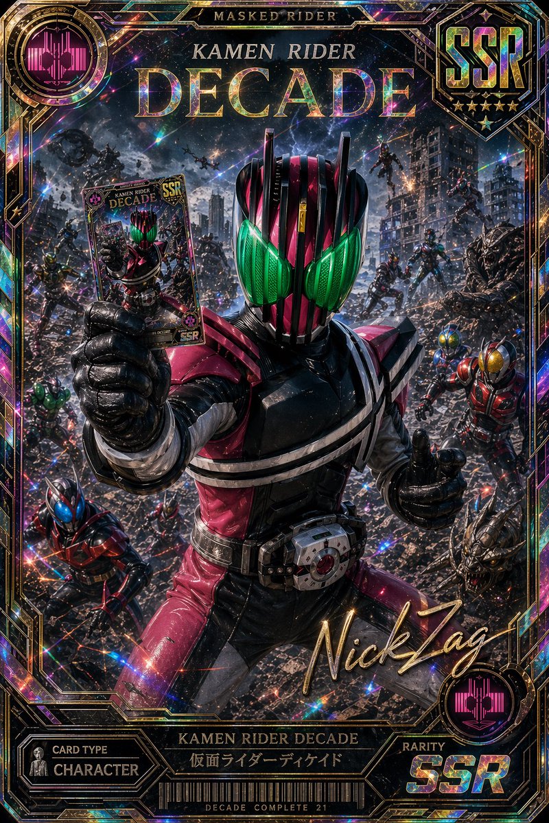 Kamen Rider Decade Holographic SSR Card — Sora 2 Prompt