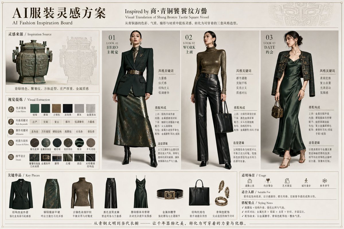 Ancient Bronze Vessel to Modern Fashion — AI Luxury Style Board