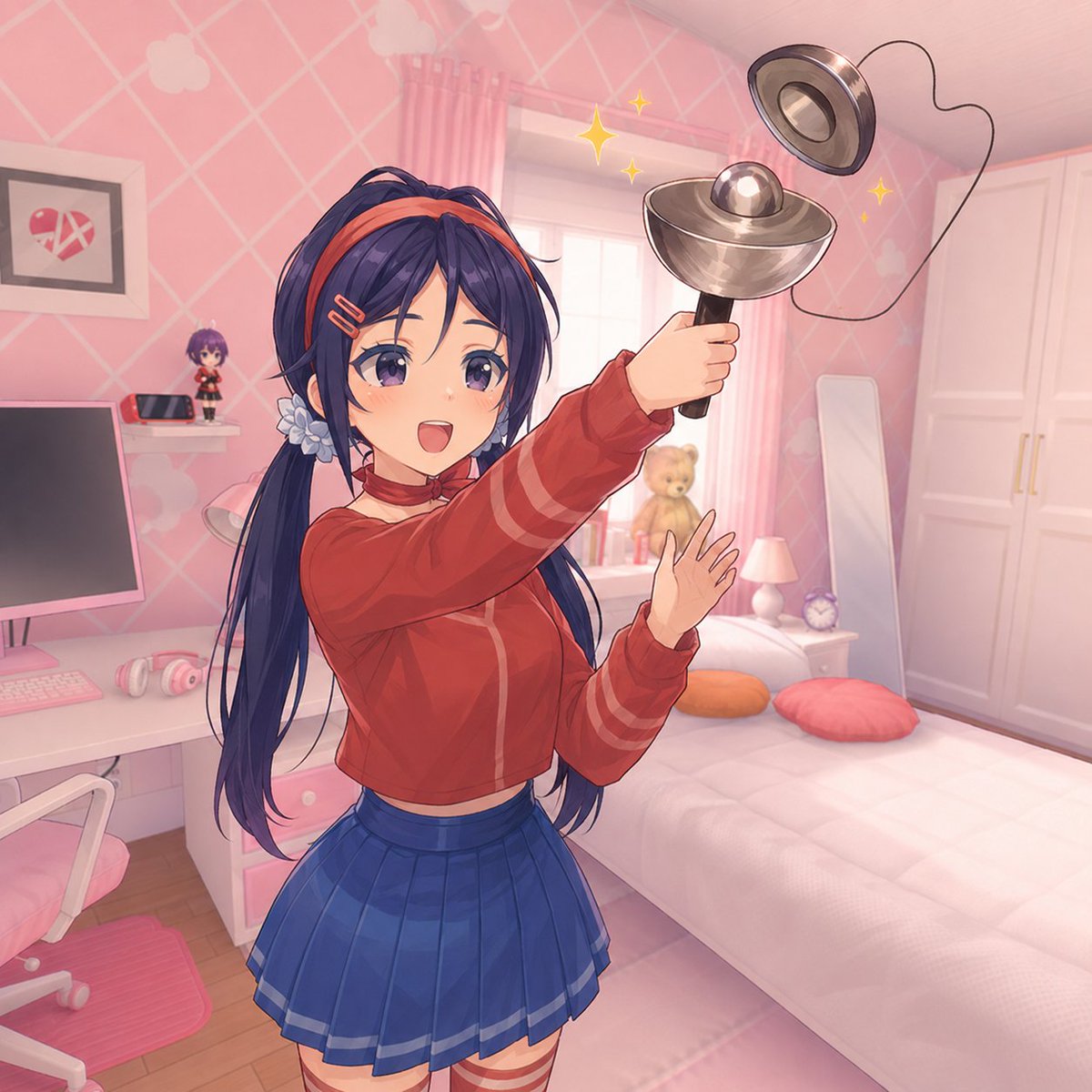 Cute Anime Girl Spinning Top Mishap — Pastel Bedroom Scene