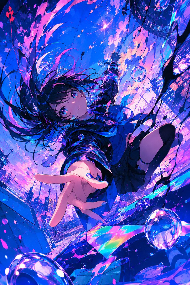 Anime Girl Falling in Inverted Neon City — Sora 2 Prompt