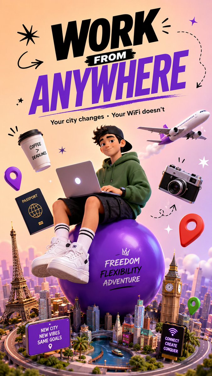 Digital Nomad 3D Lifestyle Poster — Sora 2 Prompt