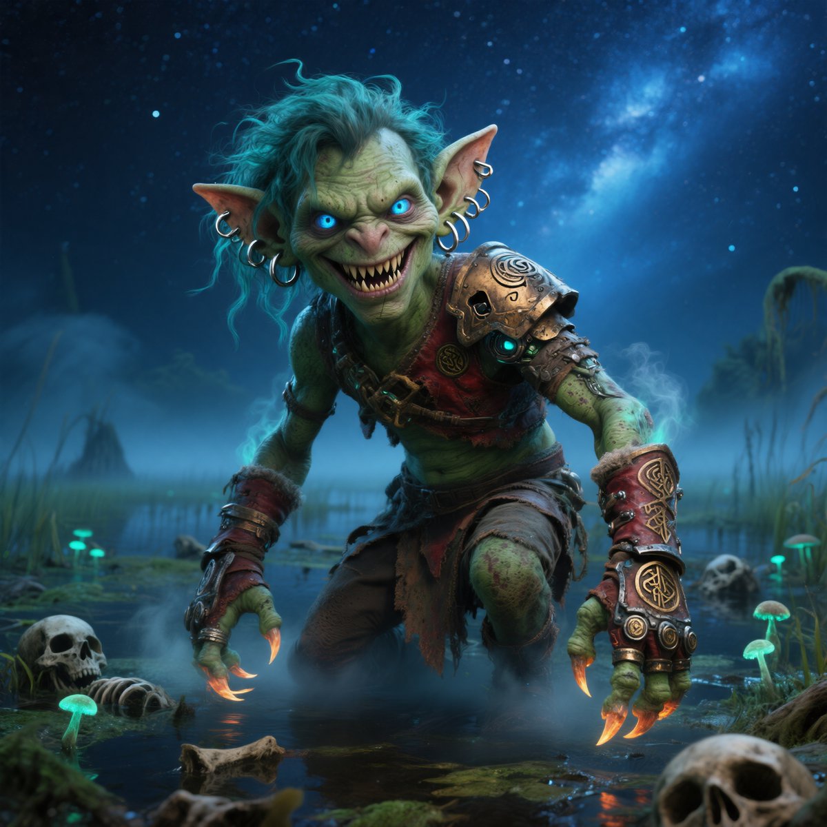Goblin Warrior in Bioluminescent Swamp — Sora 2 Prompt