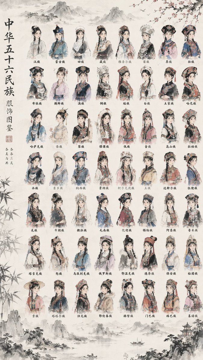 56 Chinese Ethnic Groups Clothing Chart — Ink Wash Style