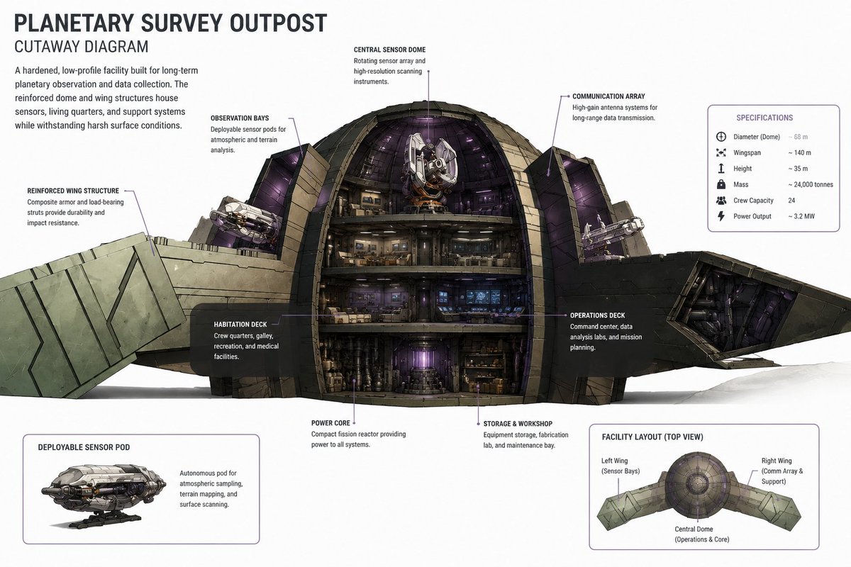 Sci-Fi Planet Survey Outpost Cutaway — Sora 2 Prompt
