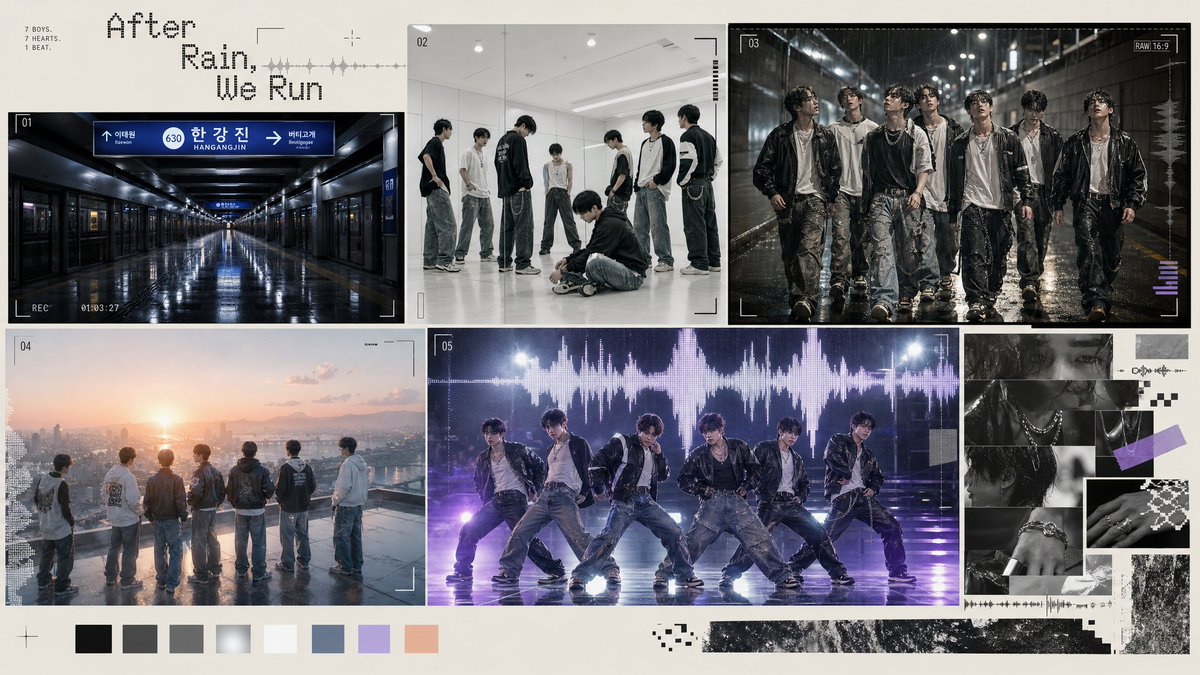 Rainy Seoul K-Pop Boy Group — Cinematic MV Collage Prompt