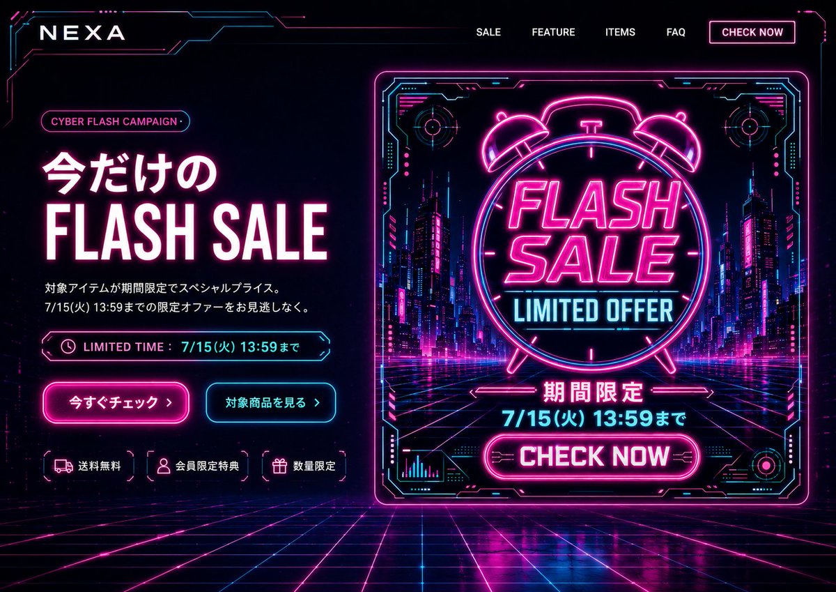 Cyberpunk Neon Flash Sale Landing Page — Sora 2 Prompt