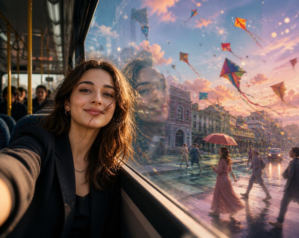 Surreal Bus Window Selfie — Cinematic AI Prompt
