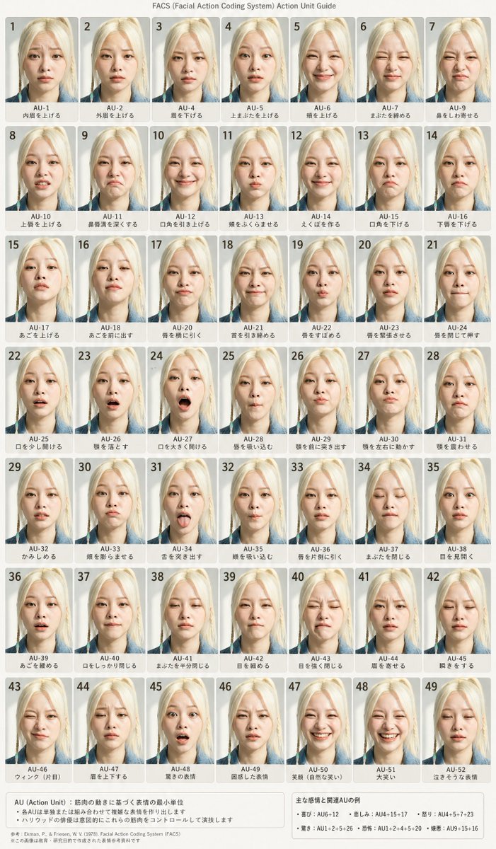 FACS Face Expression Chart — 49 Expressions Grid Sora 2 Prompt