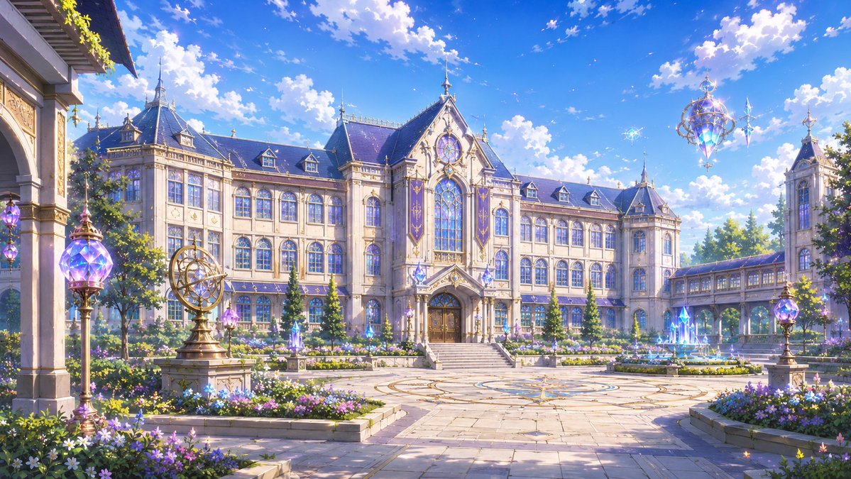 Fantasy Alchemy Academy Courtyard — Cinematic Anime Prompt