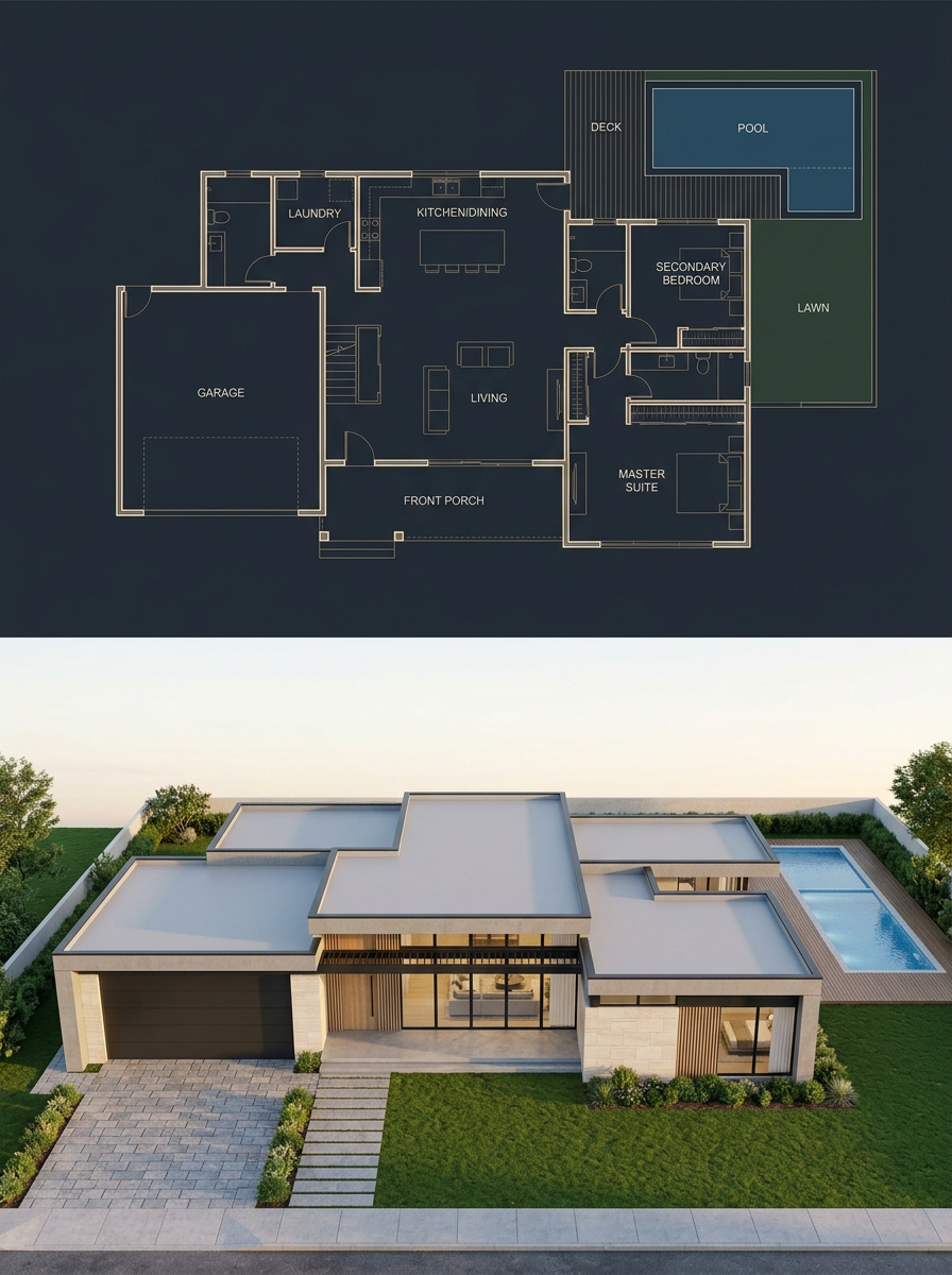 Split-Level Blueprint & Modern Home — Sora 2 Prompt