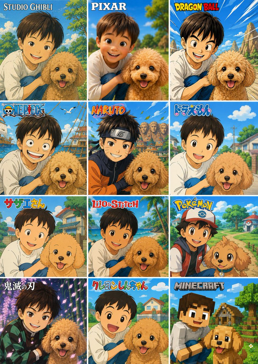 12-Style Anime & Game Pet Collage Prompt