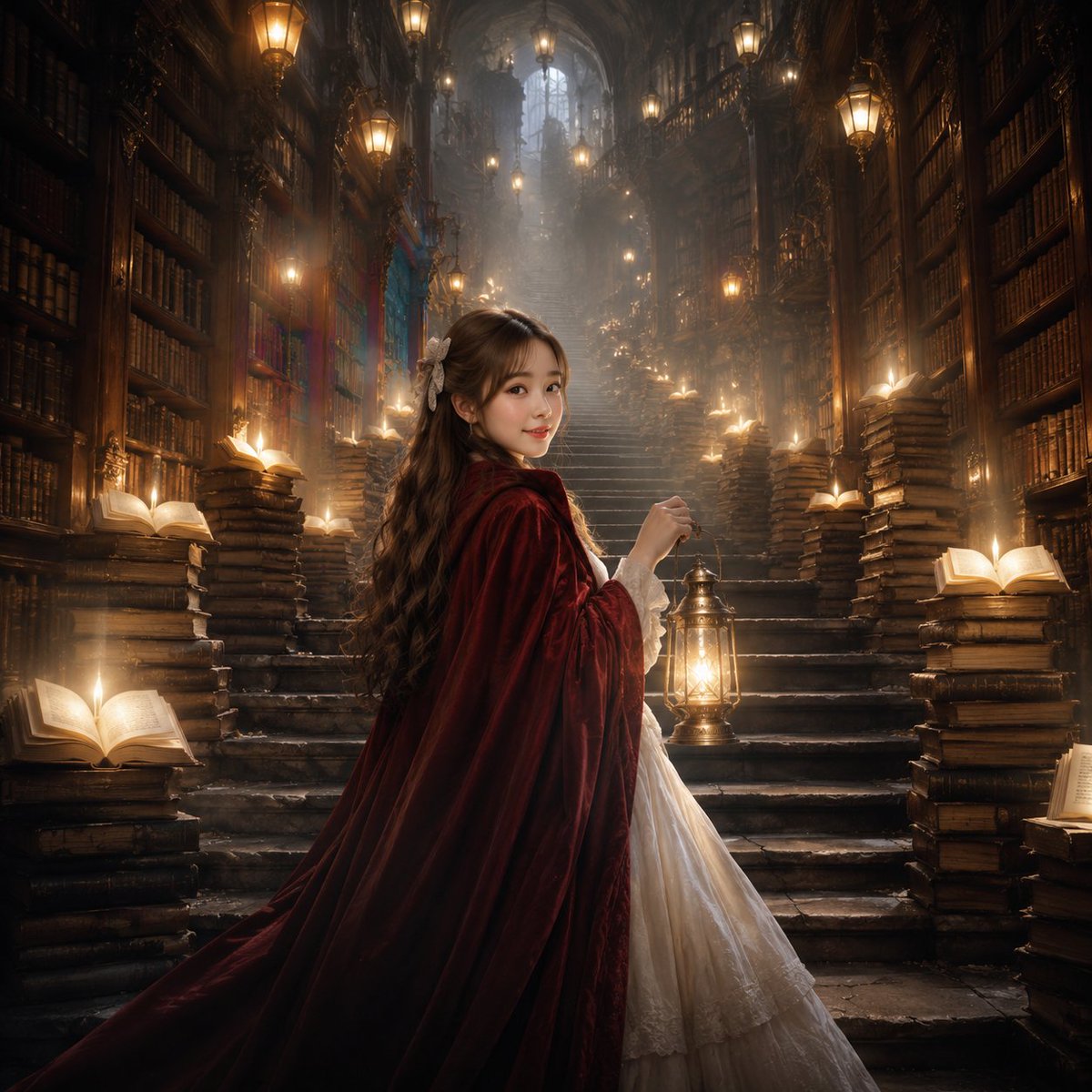 Fantasy Library Portrait with Glowing Books — Sora 2 Prompt