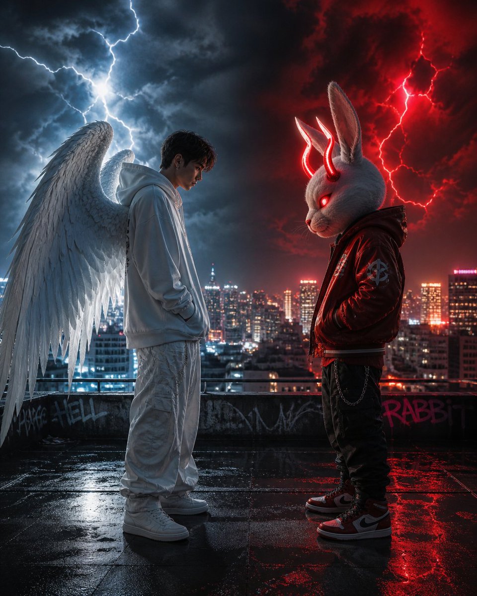 Cyberpunk Angel vs. Demon Rooftop Showdown — Sora 2 Prompt