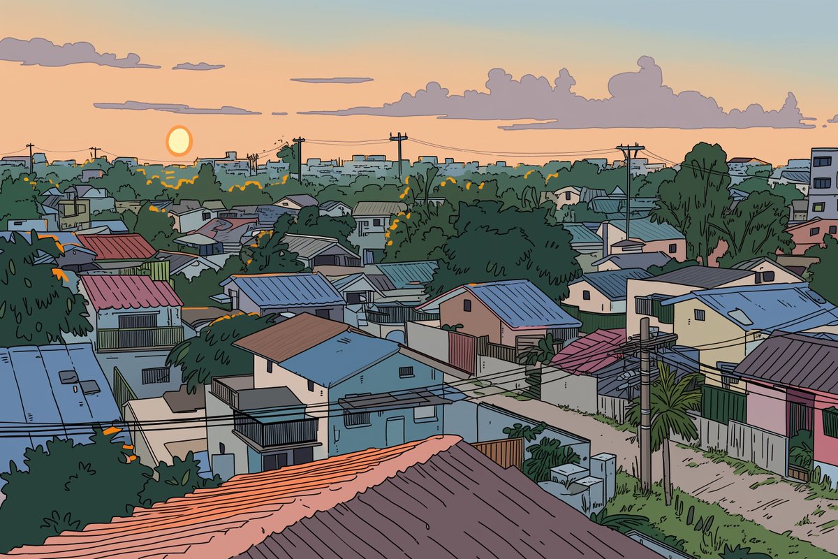 Suburban Sunset Landscape — Ligne Claire Illustration Prompt