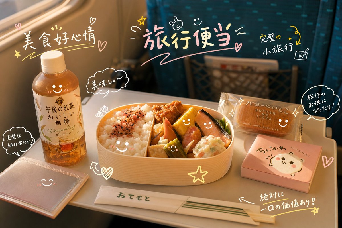 Kawaii Doodle Train Bento Photo — Sora 2 Prompt