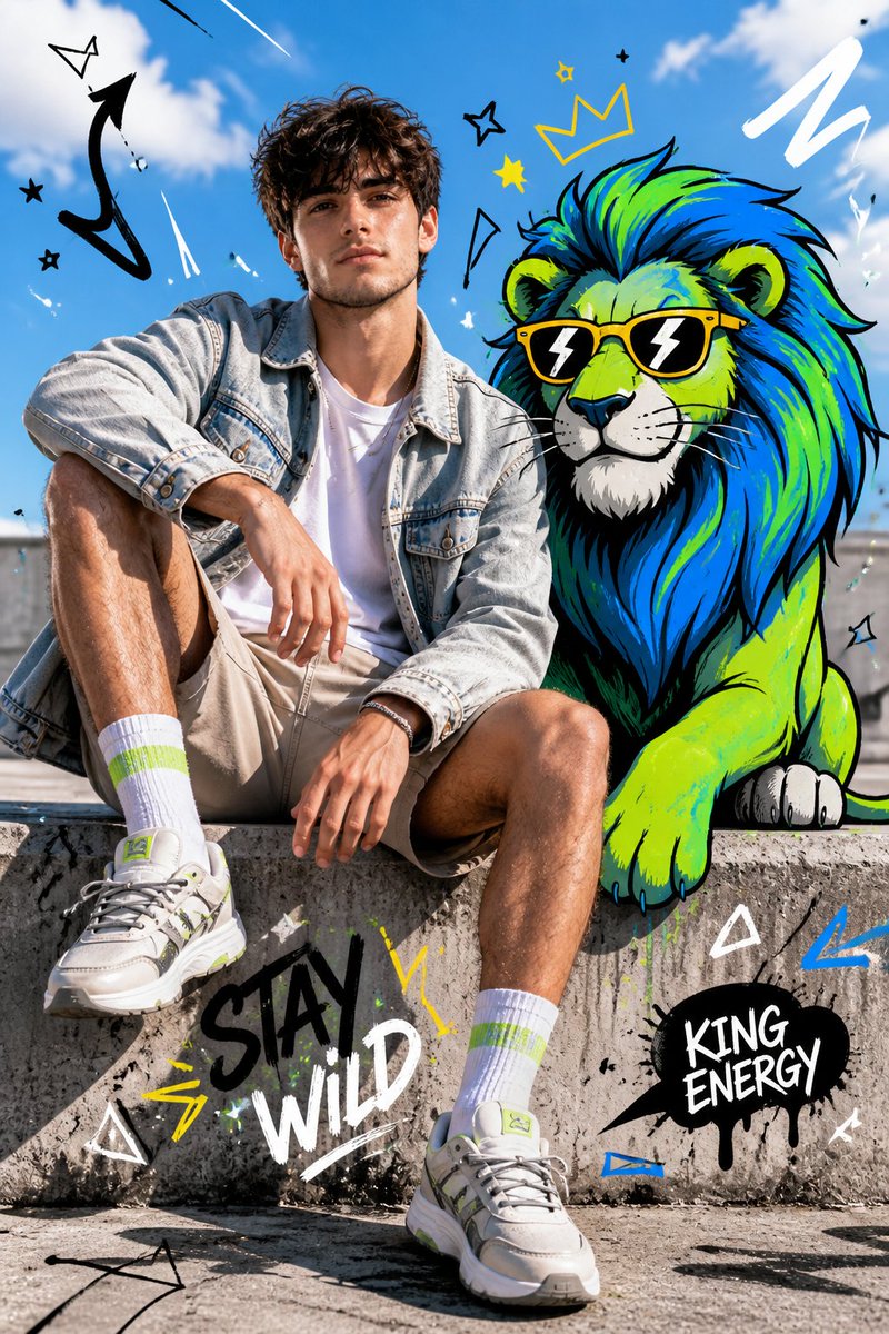 Urban Fashion Shoot with Cartoon Animal — Mixed Media Prompt