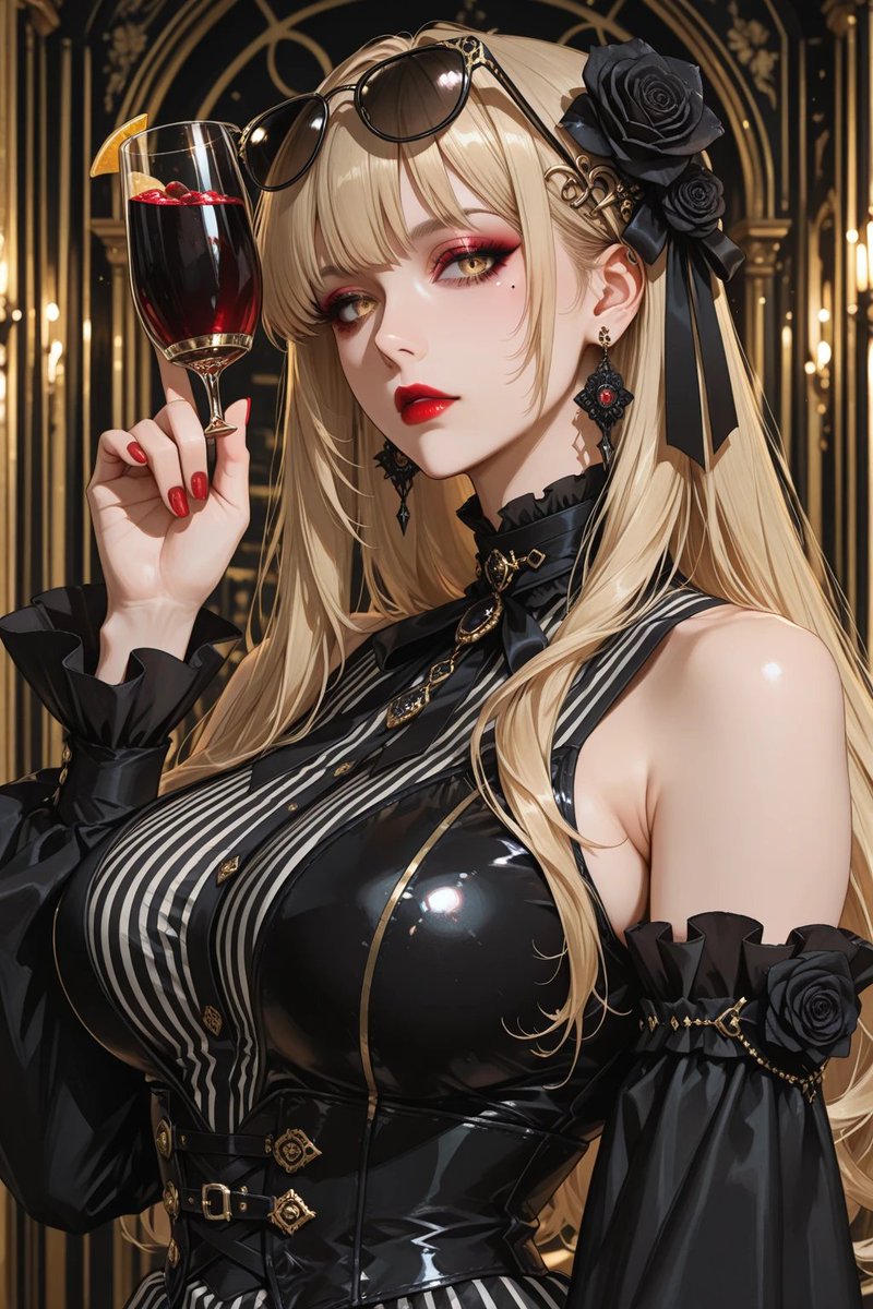Gothic Blonde Anime Portrait — Red Wine & Black Latex
