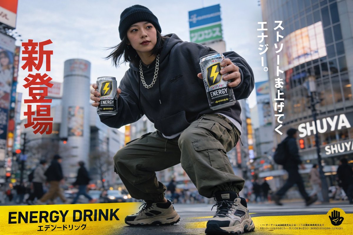 Urban Energy Drink Ad Poster — Photorealistic Streetwear Model