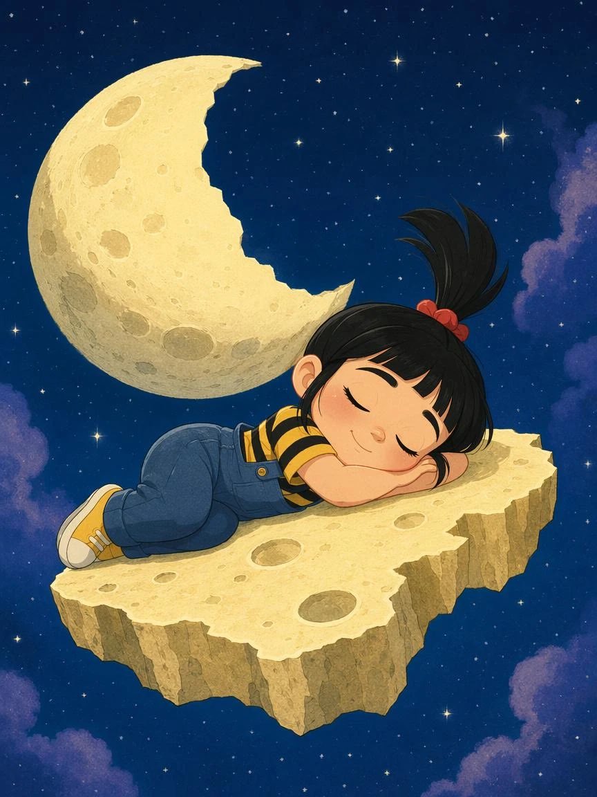 Child Sleeping on Moon Rock — Whimsical Storybook Prompt