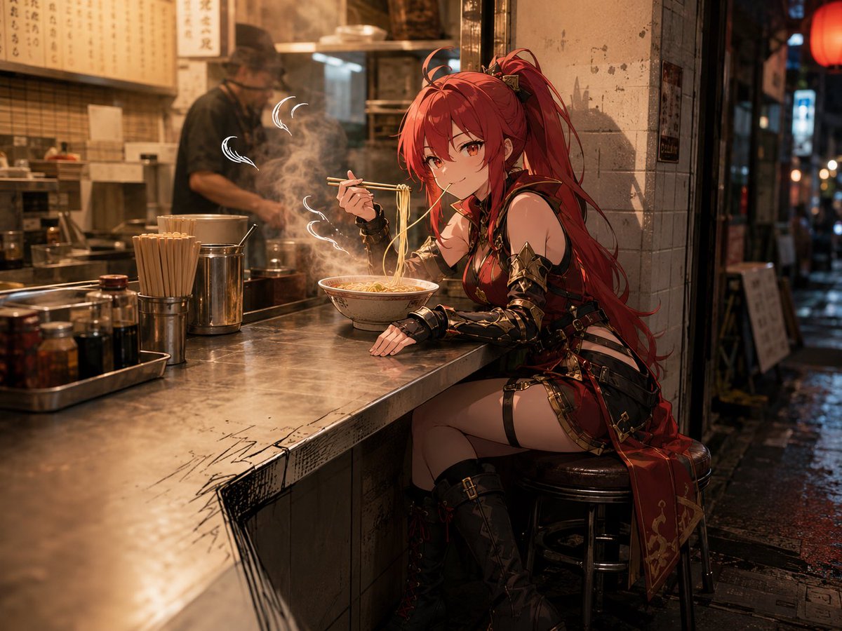 Anime Warrior Eating Ramen — Cinematic Night Scene Prompt