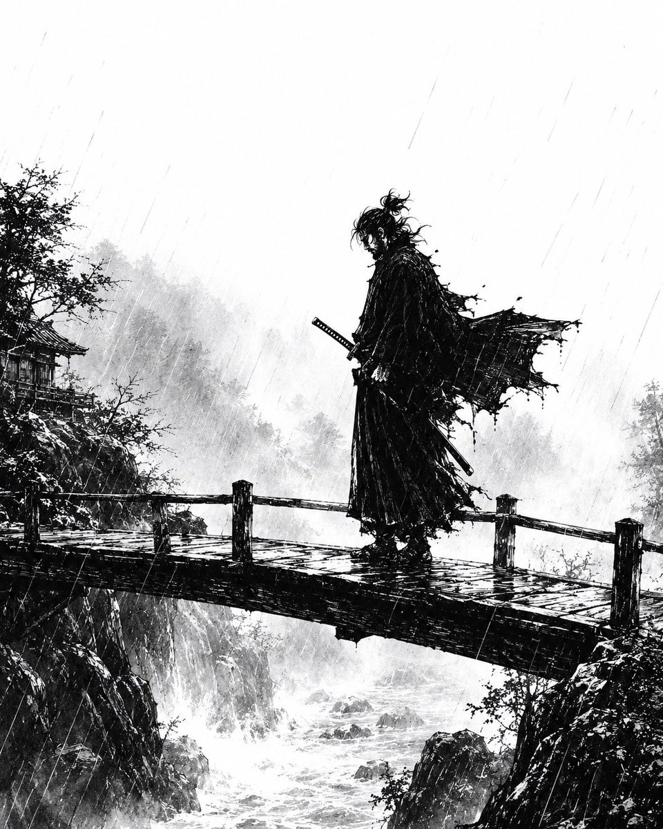 Monochrome Samurai in Storm — Ink Wash Anime Prompt