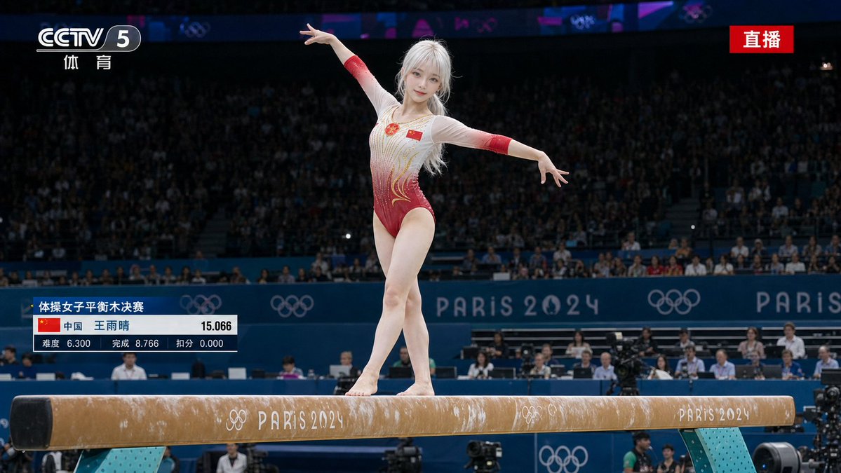 Olympic Gymnastics Balance Beam — Live Broadcast Sora 2 Prompt