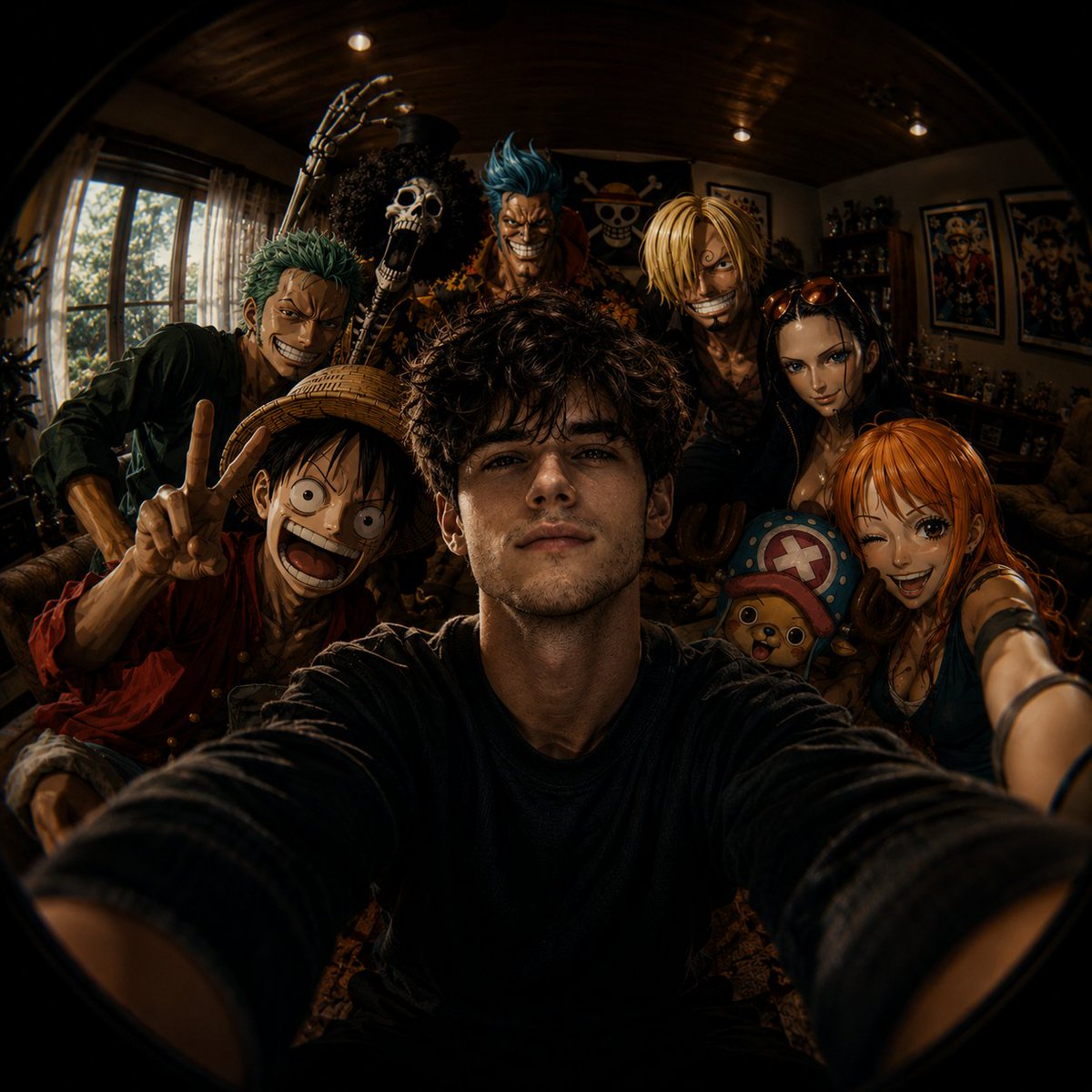 Fisheye Anime Group Selfie — Cinematic Prompt